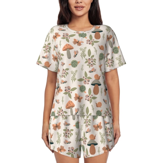 Fotbe Forest Mushrooms Insects Conjunto de Pijama Estampado para Mujer, 2 Piezas, Ropa de Dormir con Camiseta de Manga Corta y Shorts Suaves-3X-Large