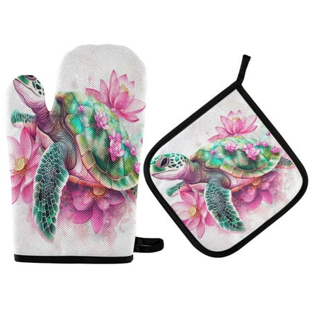 

Heat Resistant Oven Glove & Hot Pad Set Reusable and Washable Kitchen Combo for Baking BBQ Oven Microwave Cute Cartoon Sea Turtle