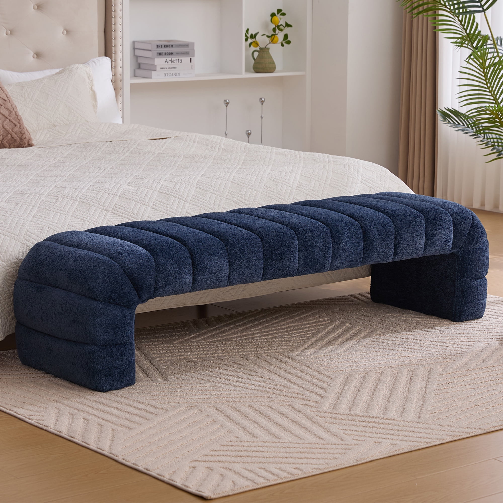 HIUU 70"Blue Bench for Bedroom,Bed Benches for Foot of Bed with Streamline Design,Fabric Ottoman Bench with Soft Teddy Fabric,Modern Bedroom Benches for Living Room and Bedroom, Entryway