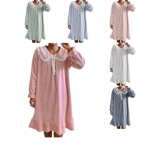SROBPTY Womens Sleepwear, Nightgowns for Women, Women's Casual Flannel Bow Collar Home Sleepwear Midi Nightgown Navy,L