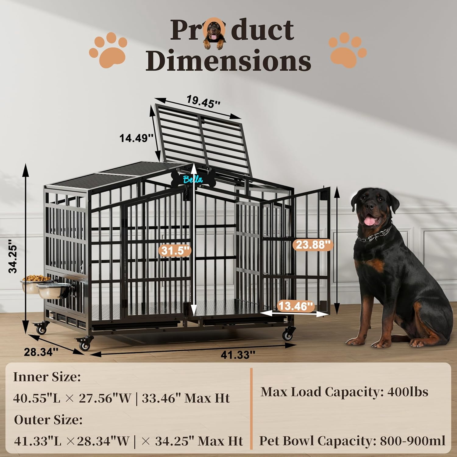 POAO 41"Heavy Duty Indestructible Dog Crate, Escape Proof Kennel for High Anxiety Large Dog, Extra Large Steel Dog Cage with Wheels
