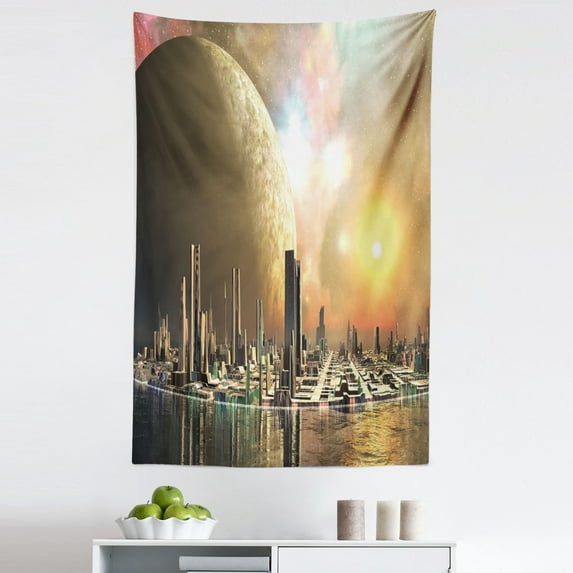 Yellow Tapestry, Utopia Islands Floating Future Cities Imaginary Fantasy Art Futuristic, Fabric Wall Hanging Decor for Bedroom Living Room Dorm, 5 Sizes, Yellow Peach, by Ambesonne