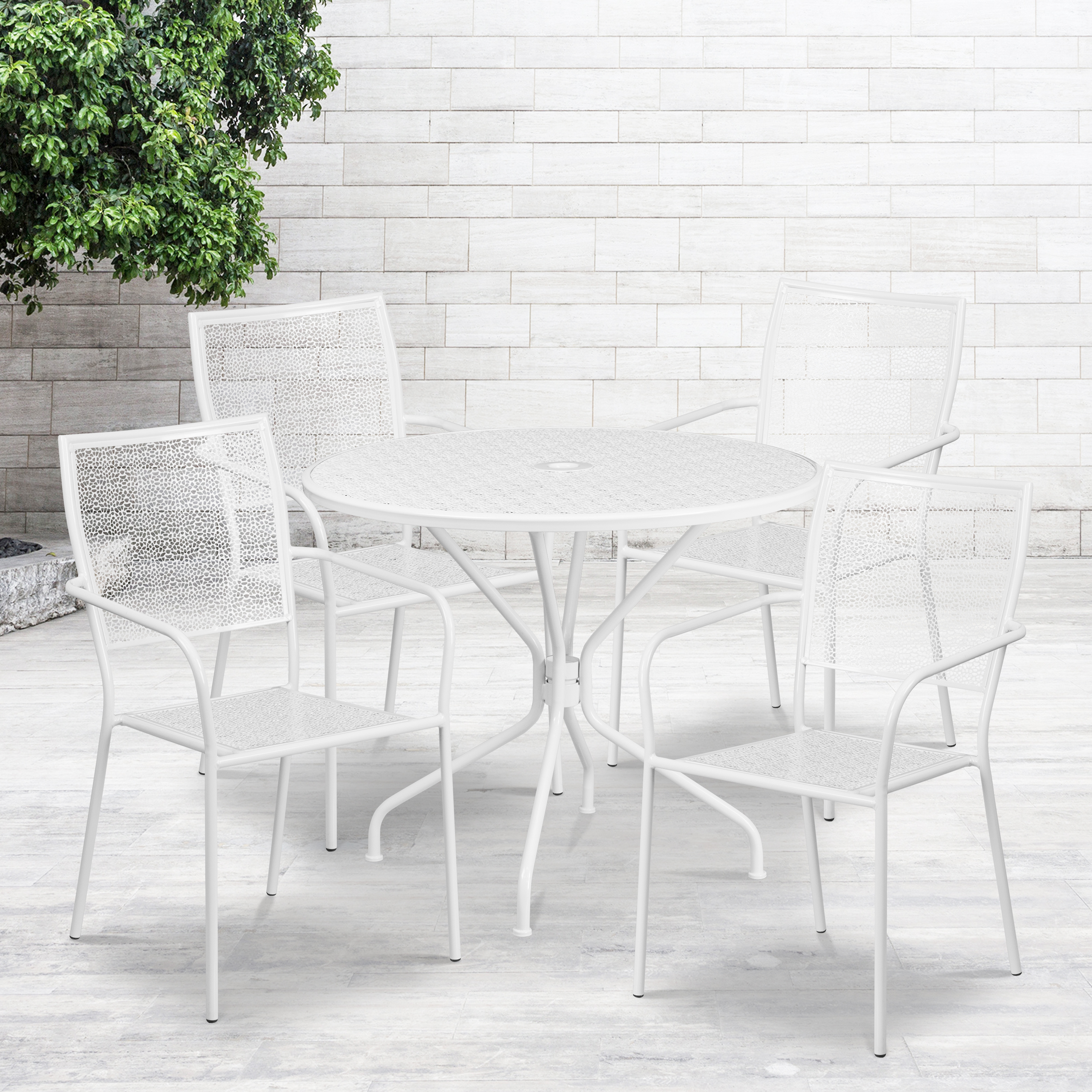 Flash Furniture Oia Commercial Grade 35.25" Round White Indoor-Outdoor Steel Patio Table Set with 4 Square Back Chairs - image 2 of 5