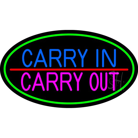Carry In Carry Out LED Neon Sign 13 x 24 - inches, Clear Edge Cut Acrylic Backing, with Dimmer - Bright and Premium built indoor LED Neon Sign for restaurant window and interior decor.