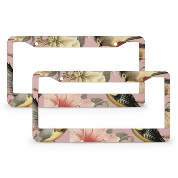 2 PCS Hibiscus Flower Birds License Plate Frames Spring Outdoor Bird Flower Standard Car Tag Cover Holder Aluminum 2 Holes for Men/Women