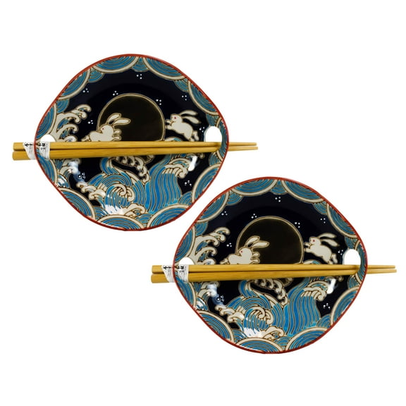 Pack Of 2 Rabbits By Black Moon Appetizer Coupe Plate Flat Bowl With Chopsticks