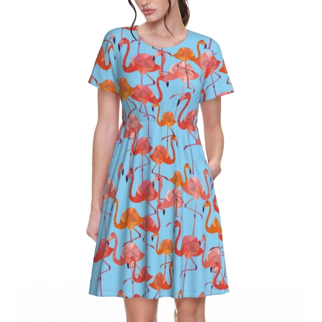 Vsdgher Flamant Rose pour Femmes Été 2025 Robes Midi Maxi Décontractées Légères Manches Courtes Col Rond Robe de Plage
