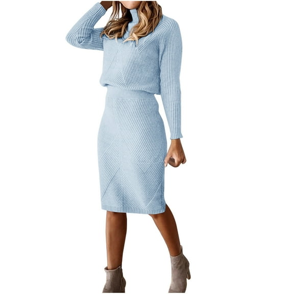 Usmixi 2 Piece Outfits for Women Womens Skirt 2 Piece Outfits Set Cozy Knitted Turtleneck Pullover Sweater and Skirt Lounge Set Plus Size Casual Solid Office Skirt Suit Holiday
