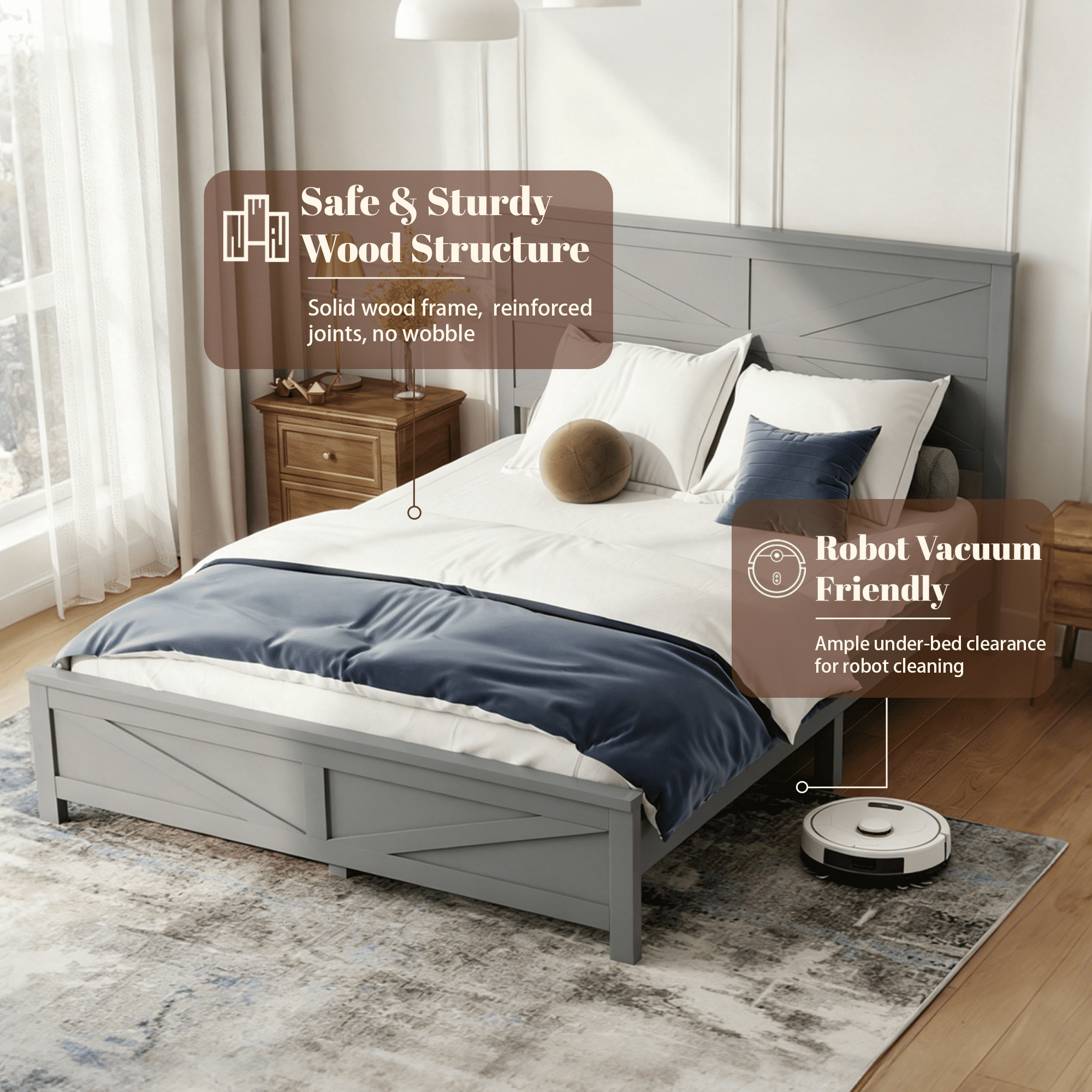 Mintazer Farmhouse Queen Size Platform Bed with Under-Bed Storage, Platform Bed Frame with Headboard & Footboard for Bedroom, Grey