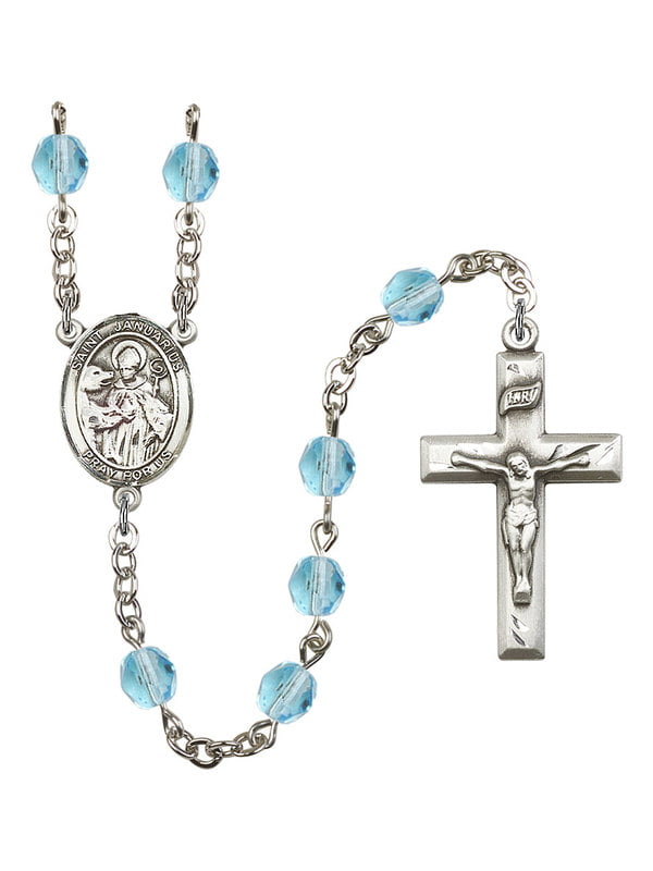 Januarius Rosary with 6mm Zircon Color Fire Polished Beads St Januarius Center and 1 3/8 x 3/4 inch Crucifix Silver Finish St Gift Boxed