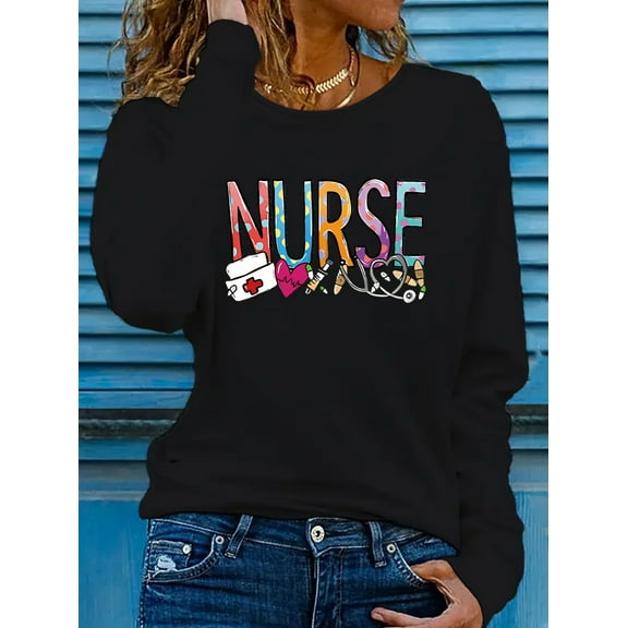 Women'S Nurse Themed Graphic Long Sleeve T-Shirt - Stretchy Crew Neck Pullover with Print, Casual Spring/Summer Vacation Top, Machine Washable