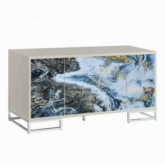 Sideboard Console Cabinet, 4 Door, 65 Inch Blue Marble Paint, White