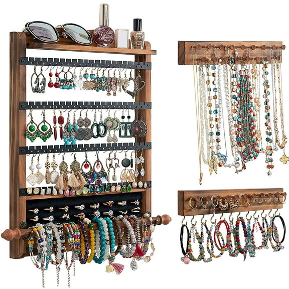 3Pcs Jewelry Organizers and Storage,Wood Earring Organizer,Hanging Jewelry Organizer,Rustic Wall Jewellery Organizer,Wall Mounted Earring Holder for Storage Display Gift (Brown Black)