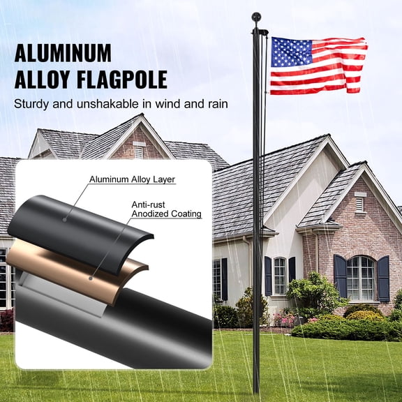 30FT Sectional Flag pole Kit, Heavy Duty Aluminum Alloy in Ground Flag poles for Outside, 3 Display Modes Flagpole with 3x5 American Flag, Professional Accessories, Black