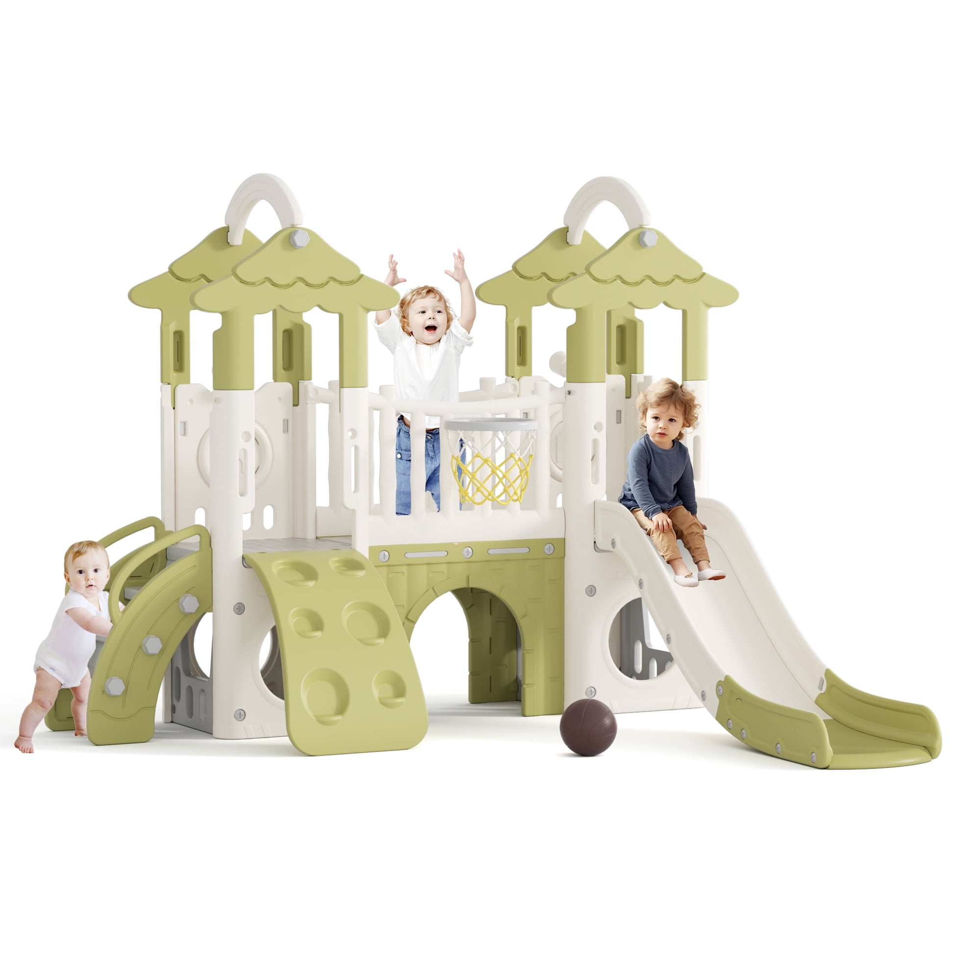 XJD 9-in-1 Jungle Toddler Slide with Climber Indoor Outdoor Kids Slide with Basketball Hoop Telescope and Climbing Wall Indoor Slide Playset for Toddlers 1+