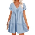 thumbnail image 2 of Summer Women V Neck Flowy Babydoll Dresses Short Sleeve Swing Shift Loose Casual Mini Dress, 2 of 5