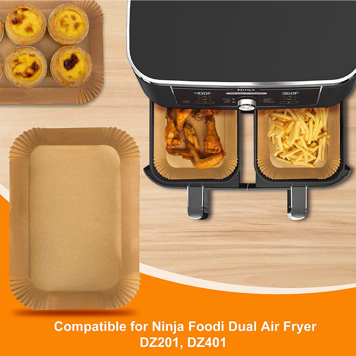 Air Fryer Parchment Paper Accessories for Ninja Foodi Dual Air Fryer DZ201  DZ401, 200pcs Unbleached Liners & Heat Resistant Mat, Double Basket Ninja 8