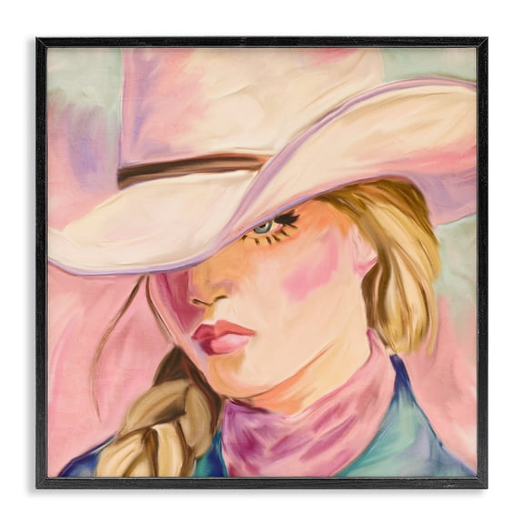Pastel Cowgirl Gaze Beneath Hat Black Framed Giclee Art, design by Kim Allen