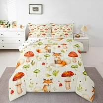 Manfei Cute Fox Full Size Comforter Sets,Tropical Botanical Mushroom Bedding Comforter Set,Red Green Beige Bedding Sets For Girls Teens,Ultra Soft Home Decor Reversible,3-Piece