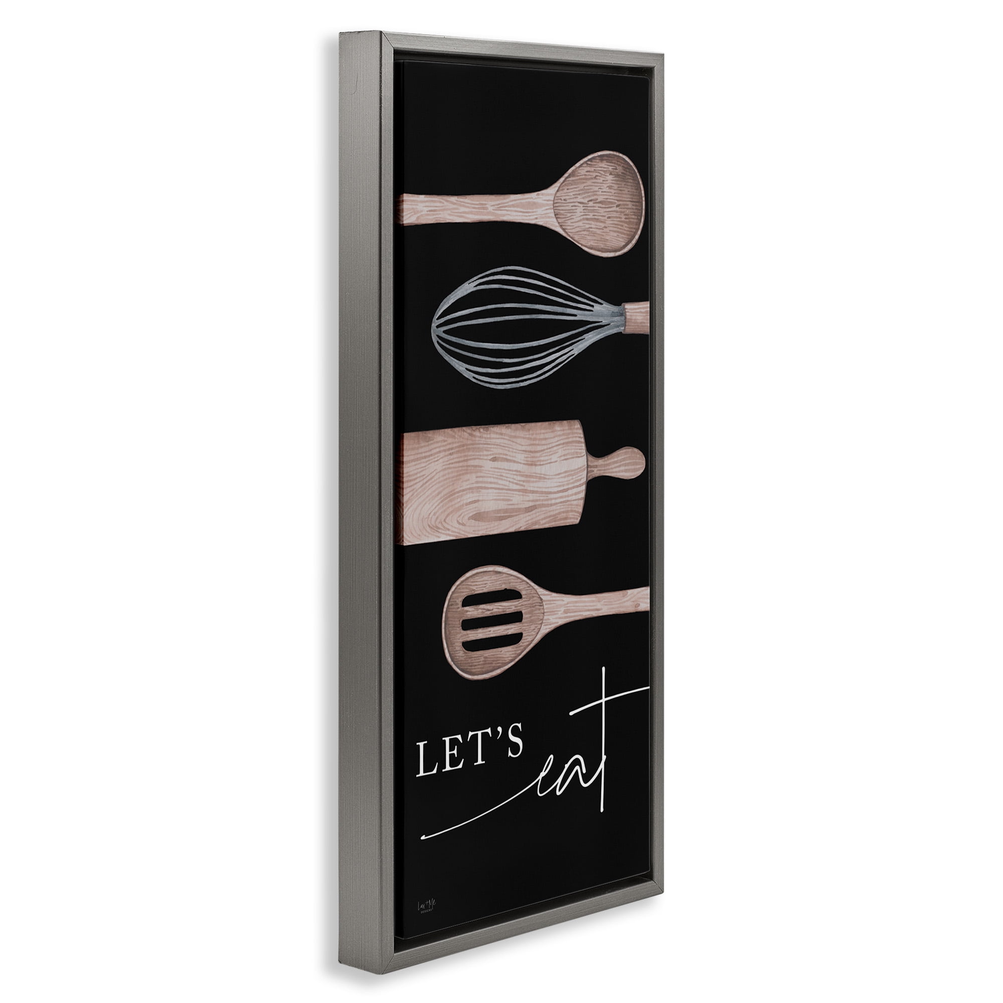 Stupell Industries Let's Eat with Kitchen Utensils Food & Beverage Painting Gray Floater Framed Canvas Art Print Wall Art, 11 x 25