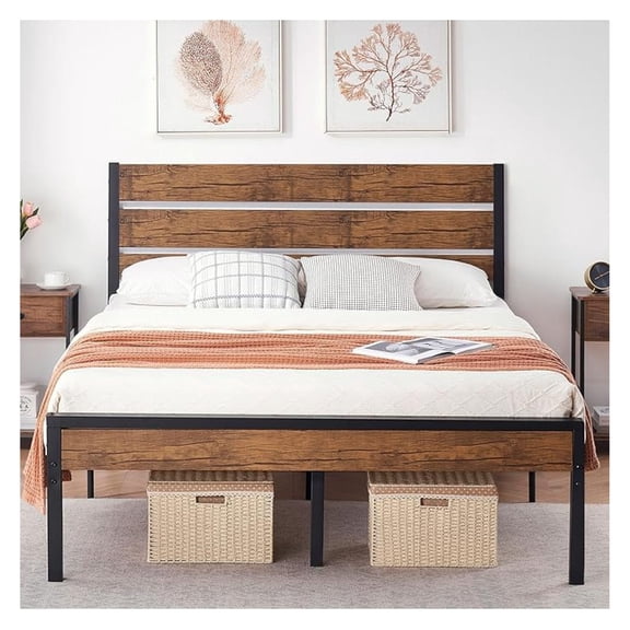 Rustic Queen Bed Frame with Headboard,Metal Platform Farmhouse Bed Frame Metal Slat,Sturdy Heavy Duty Bed Frame,No Box Spring Needed,Easy Assembly,Under Bed Storage,Rustic Brown,Queen Size