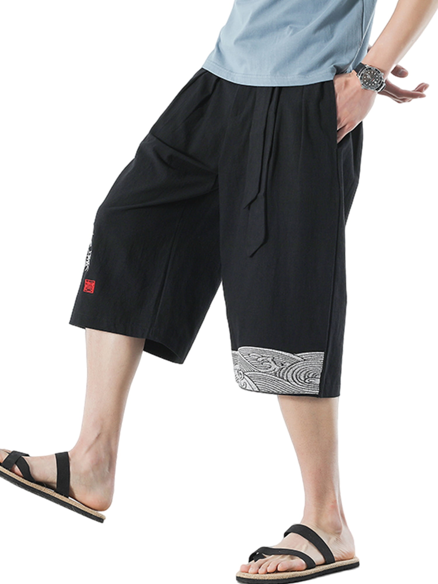 US Mens Cotton Linen Shorts Drawstring Summer Baggy Loose Half Pants Trousers