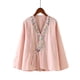 thumbnail image 1 of Tops de Manga Corta de las Mujeres Bordado Casual Cuello en V Botón de Color Sólido para Primavera Verano, Mezcla de Poliéster Estilo de Lino para el Uso Diario, 1 of 6
