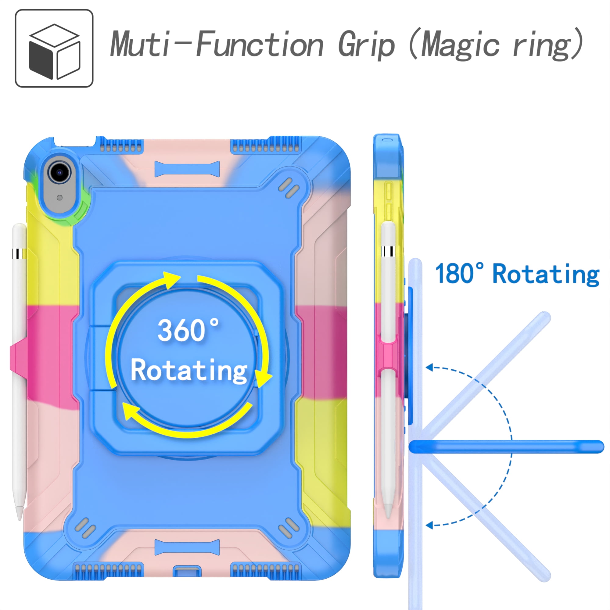 Dteck iPad 10th Generation Case, New iPad 2022 10.9 inch Rugged Case with Screen Protector, Rotating Stand/Pencil Holder/Carrying Shoulder Strap,Colorful Blue