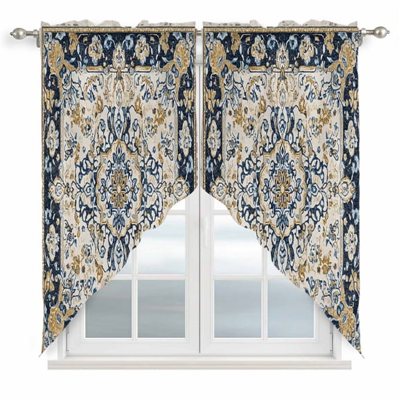 Swag Valance Curtains for Windows, Boho Navy Blue Light Filtering Kitchen Curtains with Rod Pocket, Vintage Southwestern Geometric Ethnic Window Treatment Valances for Living Room, 28x36 - 2 PCS