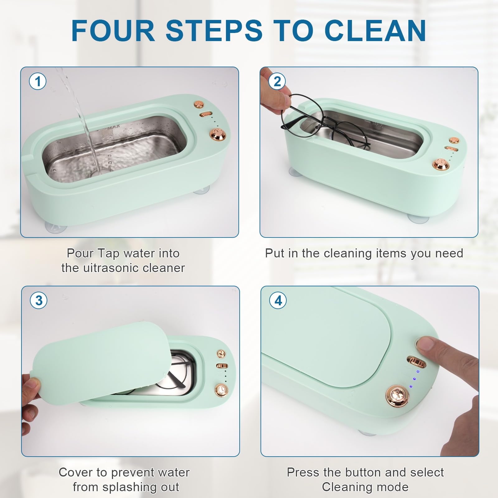 Ultrasonic Jewelry Cleaner Machine 300ML Portable - 45KHz Deep Cleaner for Glasses Watches Dentures with 3 Modes (Green)​