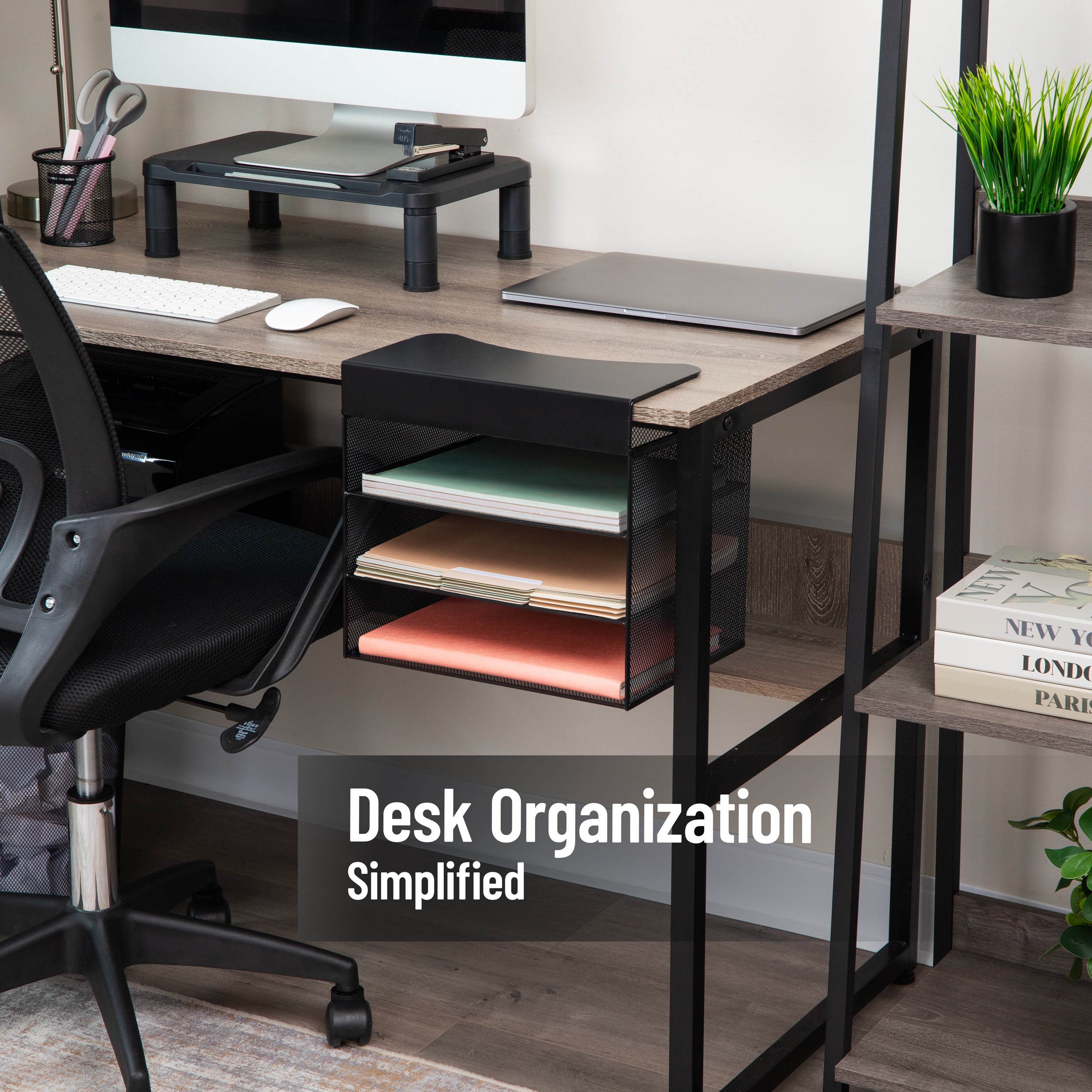 Mind Reader Slide-on Under Desk File Organizer, No Tools Required, Hanging Storage, Metal, Black
