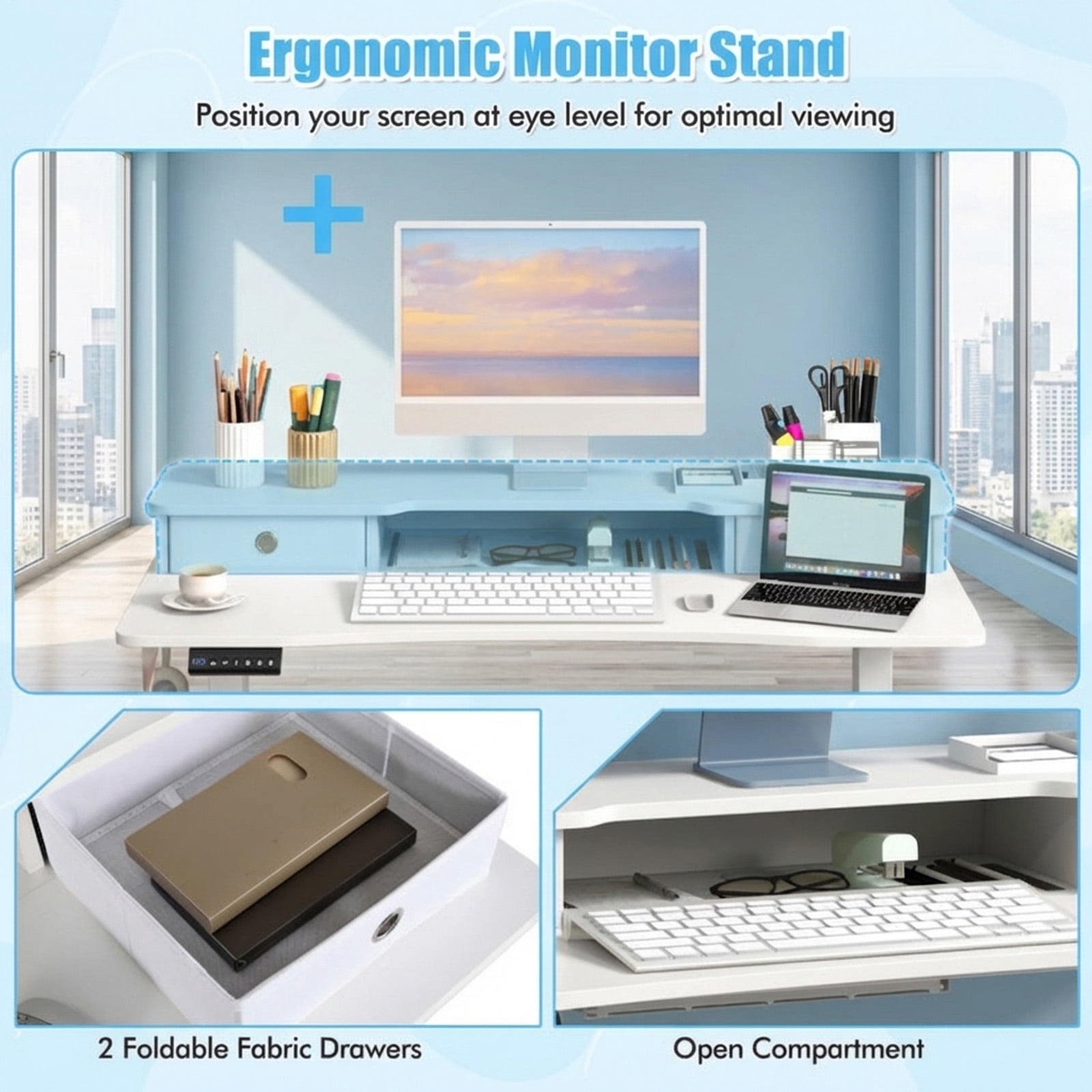 Furnibear 48 x 24 Inch Electric Height Adjustable Standing Desk with 2 Fabric Drawers Monitor Stand Memory Settings White