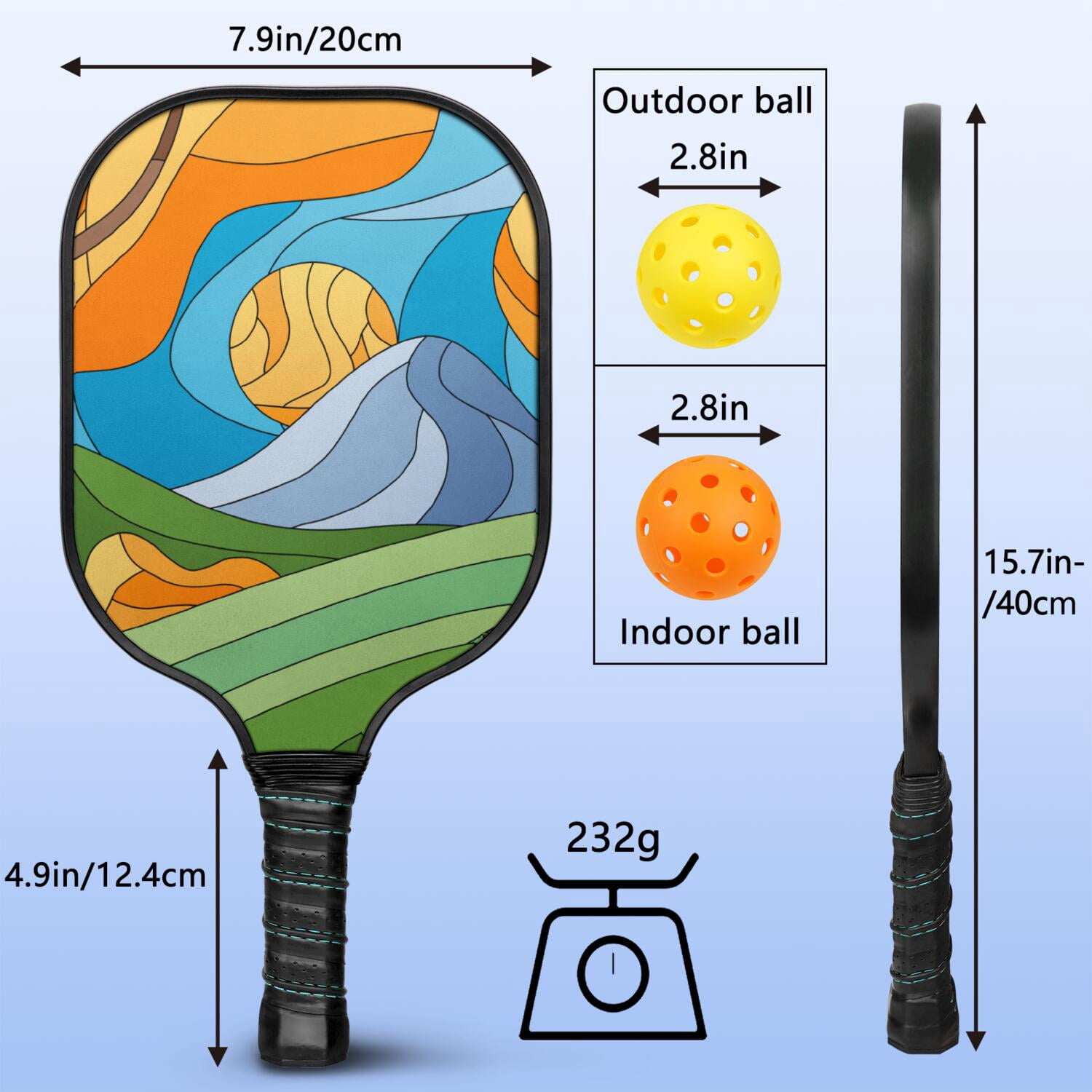 Pickleball Paddles Set Of 1, Fiberglass Surface, Vintage Floral Print, 1 Paddle, 2 Balls & Bag