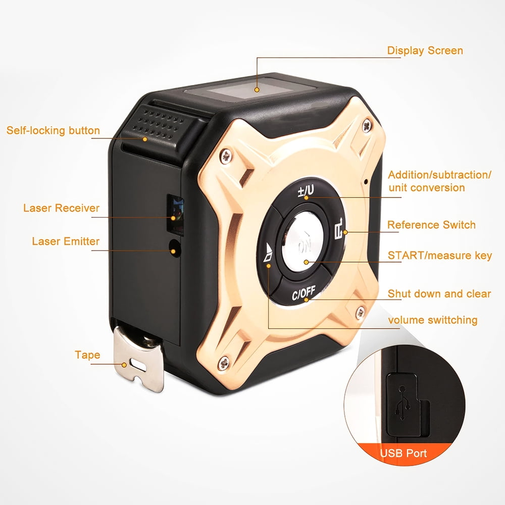 2-in-1 Laser Tape Measure, 197Ft Laser Rangefinder & 16Ft/5m Magnetic Self-Locking Tape with 6 Measurement Modes, Rechargeable Backlit LCD, Belt Clip for Construction DIY Home Renovation