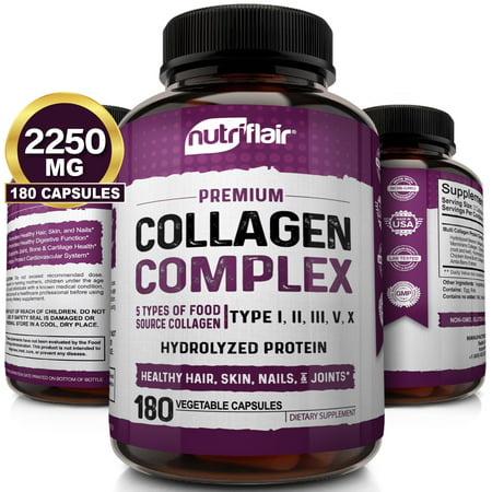 NutriFlair Multi Collagen Peptides Pills - 180 Capsules, 2250MG - Type I, II, III, V, X - Premium Collagen Complex - Hydrolyzed Protein Supplement for Anti-Aging, Healthy Joints, Hair, Skin, and