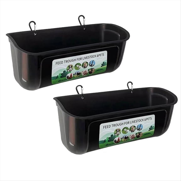 Chicken Goat Hanging Fence Feeder, Water Trough for Deer Duck Dog and Piglets, Goose Waterer Black 2 Pack
