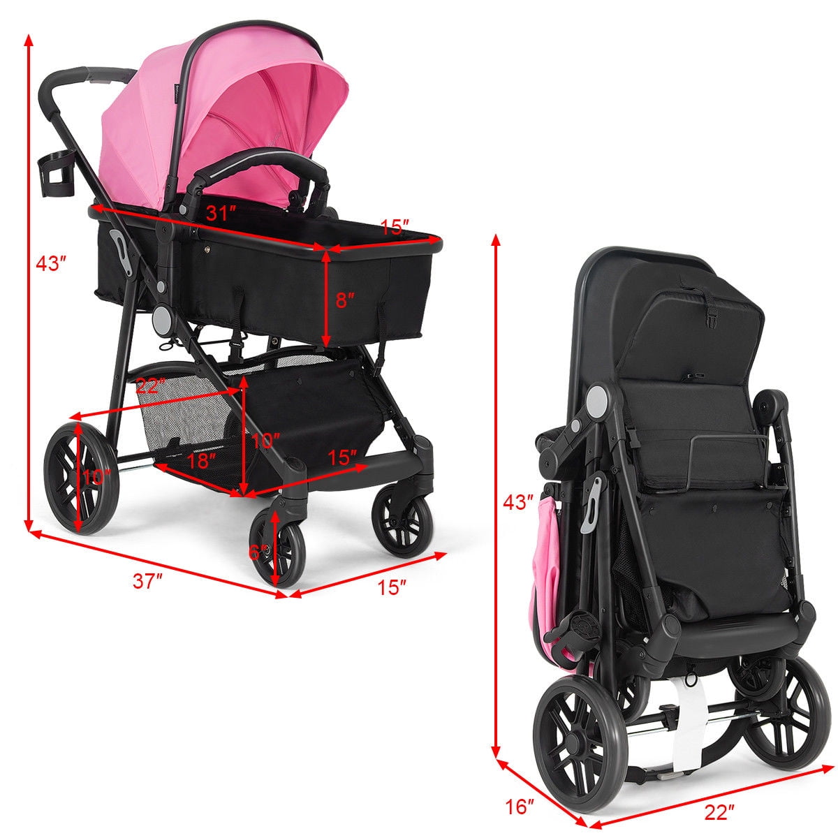 Costway Foldable Baby Stroller 2 in1 Newborn Infant Travel Buggy Pushchair Pink