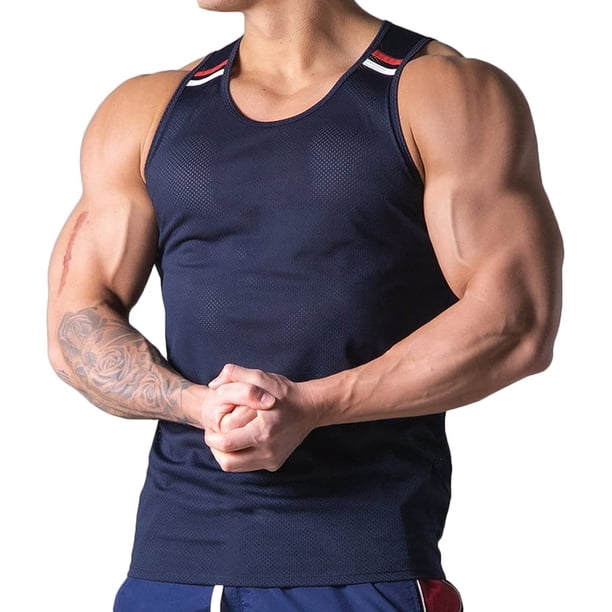 playera sin mangas ligera de malla para hombre, de secado rápido, chaleco de entrenamiento atlético, playera sin mangas para hombre T47 marino CH marino CH Xishao ropa
