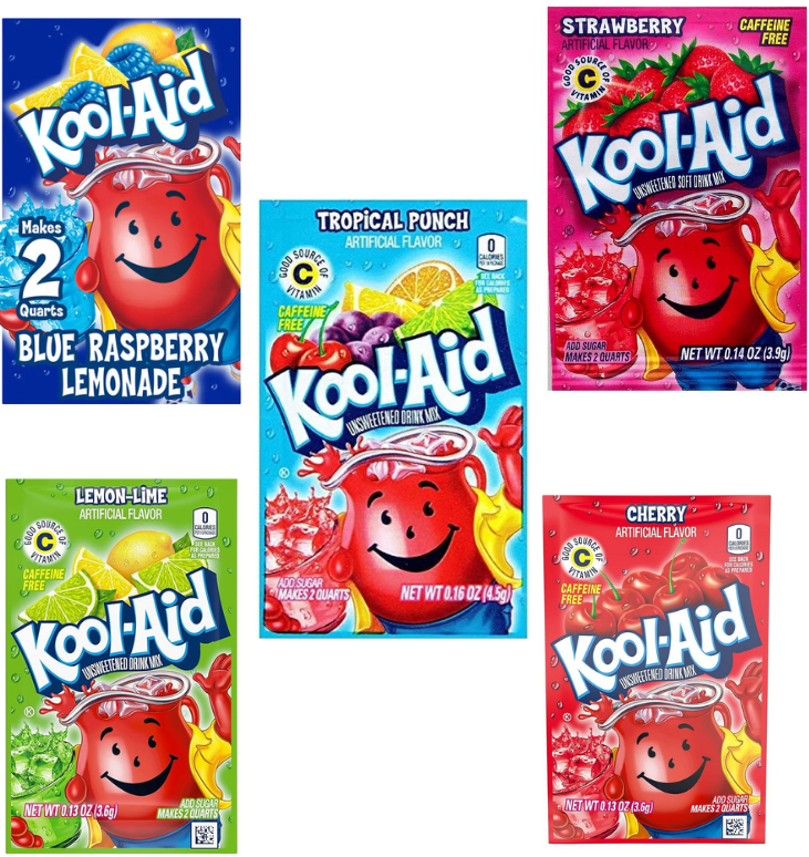 Kool-Aid Unsweetened Drink Mix Variety Pack, Assorted Fruity Flavors (Tropical Punch, Cherry, Blue Raspberry Lemonade, Strawberry & Lemon-Lime) Party & Family Drink - 30-Pack Bundle