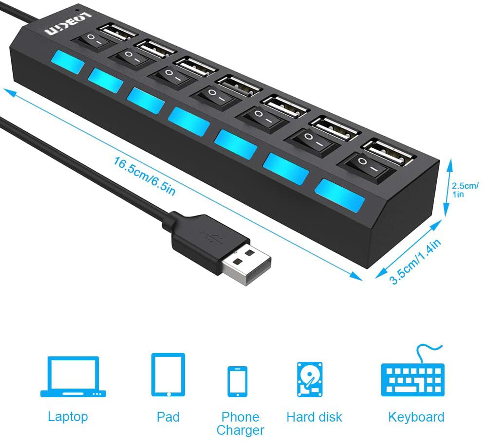Powered USB Hub 3.0 7-Port USB Data Hub SplitterIndividual On/Off Switches 