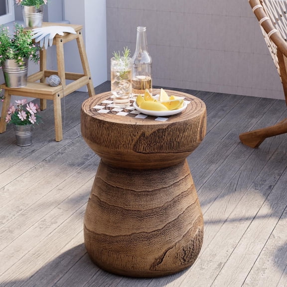 VENTOPYR Round Checkerboard End Table, Faux Wood MgO Accent Table for Outdoor & Indoor, Brown(1 count)