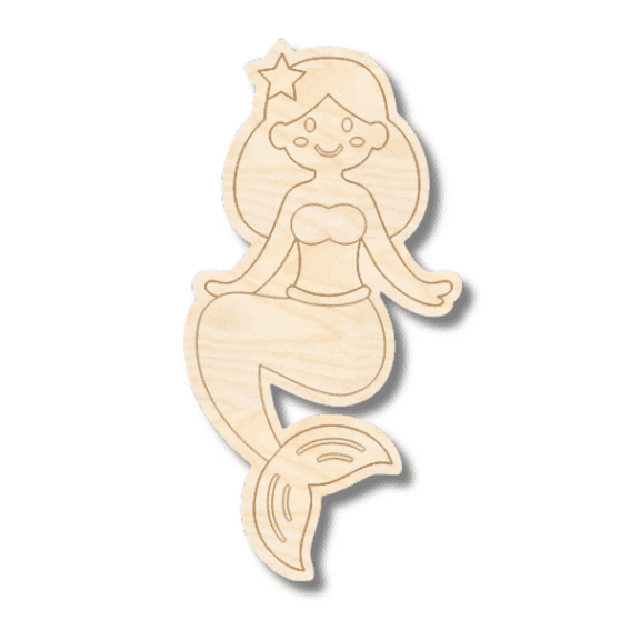 Unfinished Wood Etched Princess Sitting Mermaid Shape | Paint By Line Crafts | up to 30" DIY 4" / 1/4"