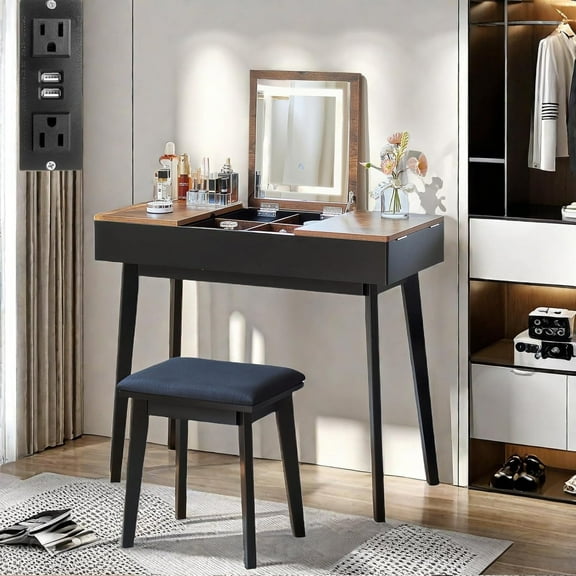 JanflyHome Vanity Desk with Mirror LED Light, Flip Top Wood Makeup Vanity Table with Stool, Dessing Table Office Desk with Charging Port, Vintage Brown