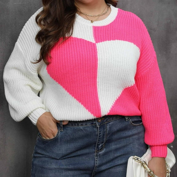 Fartey Women's Plus Size Sweaters Cute Heart Color Block Knit Pullover Sweater Loose Fit Long Sleeve Crew Neck Knitwear Cozy Fall Winter Warm Sweater Hot Pink L