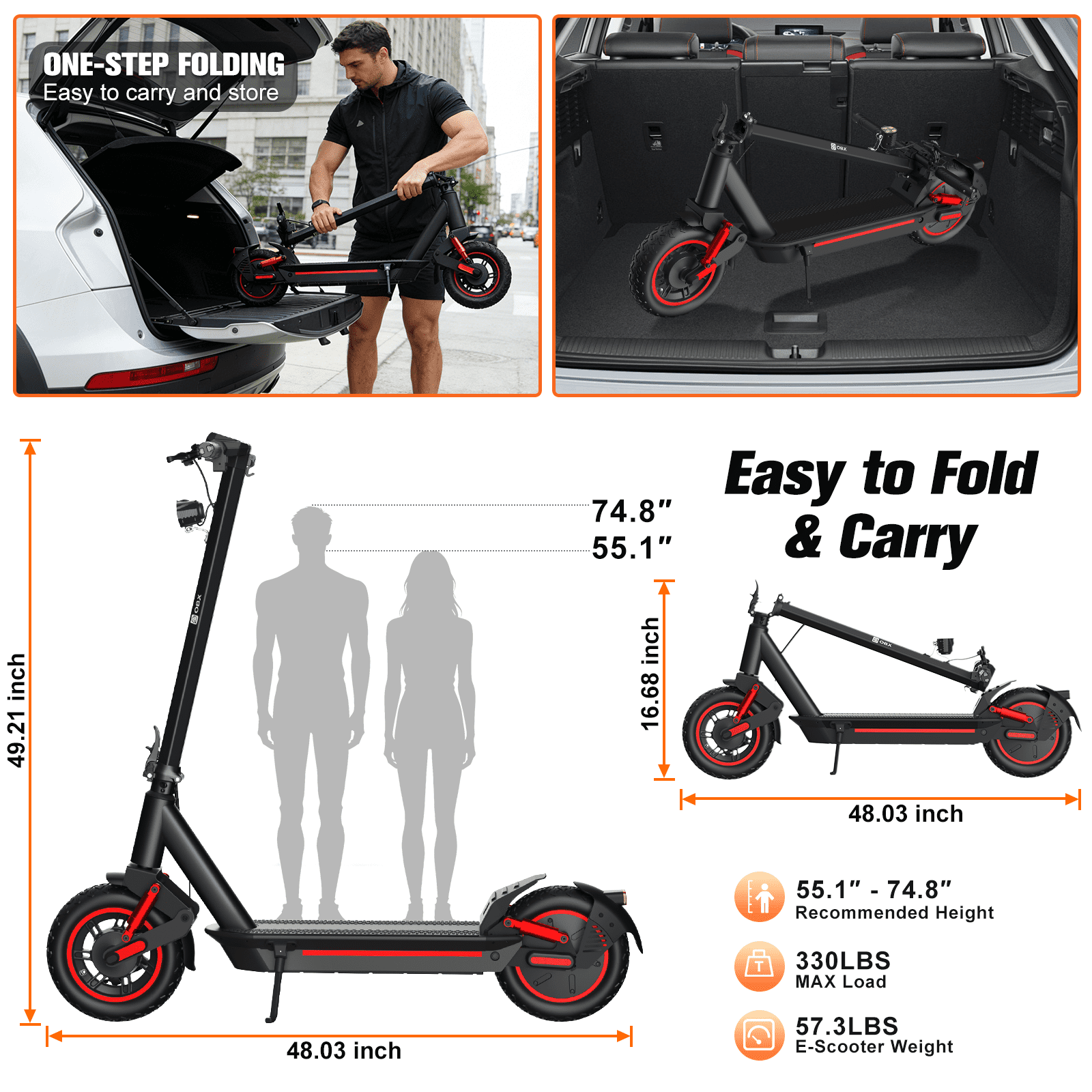OBX 1200W Electric Scooter for Adults, 30MPH & 28-33Miles,10-Inch Pneumatic Tire Off-Road Folding Long Range Commuter Scooter with 48V 13Ah Battery