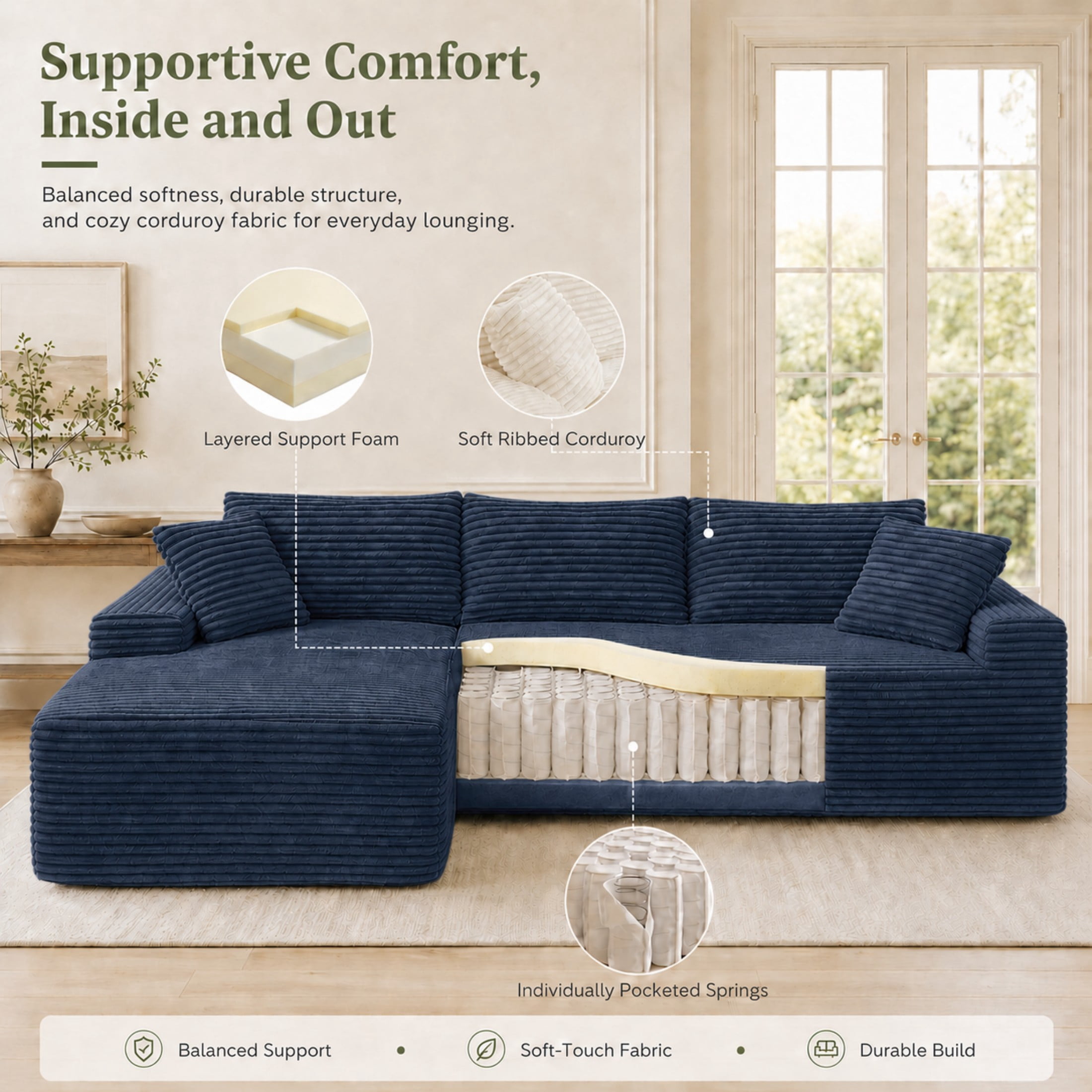 Aenkyo 106 Inch Corduroy L-Shaped Cloud Sectional Sofa with Reversible Chaise, Blue