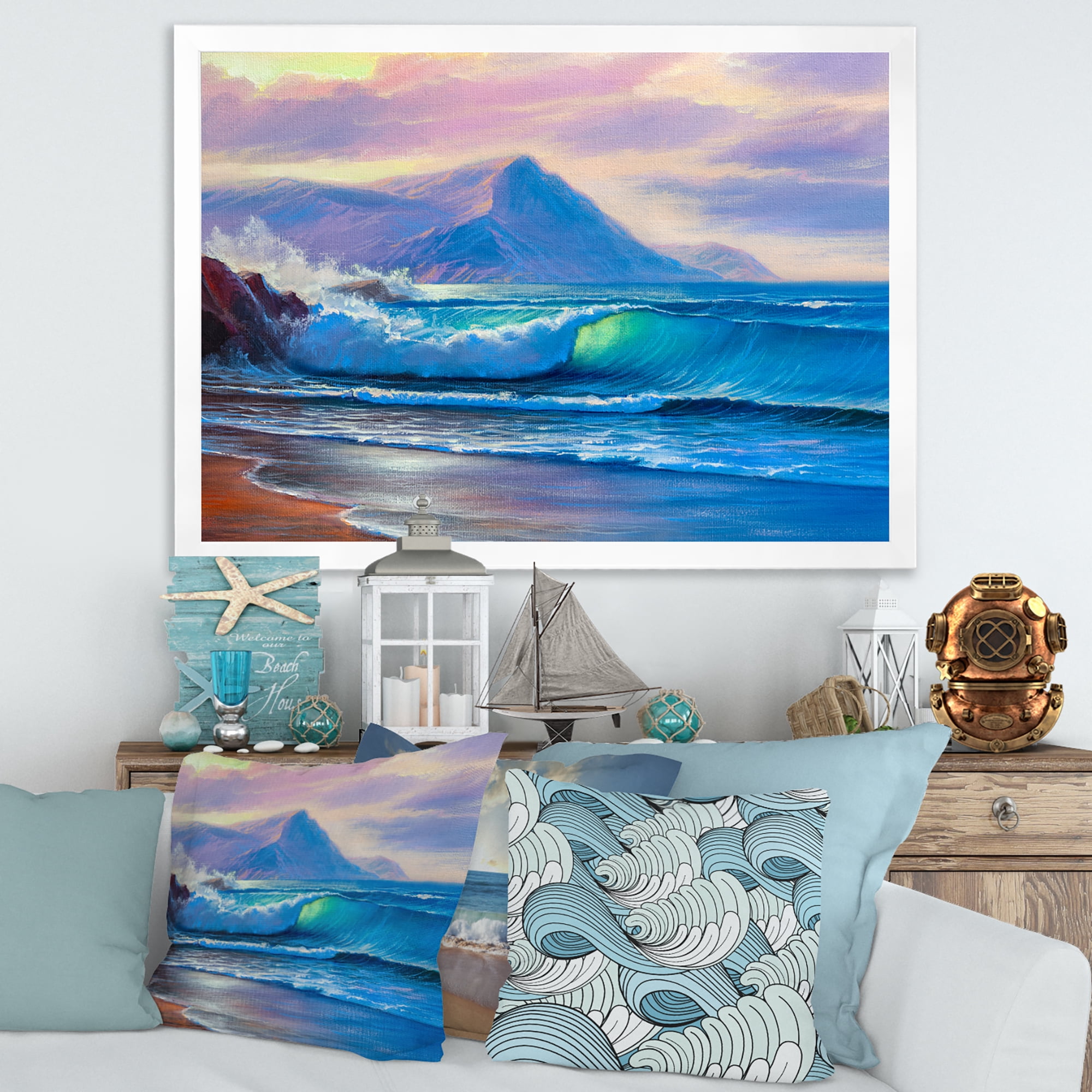 Designart 'Blue Waves Breaking At The Beach Landscape I' Nautical & Coastal Framed Art Print
