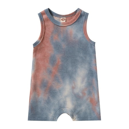 

Genuiskids Newborn Baby Boy Girl Summer Waffle Playsuit Toddler Sleeveless Tie-dye Print Round Neck Romper