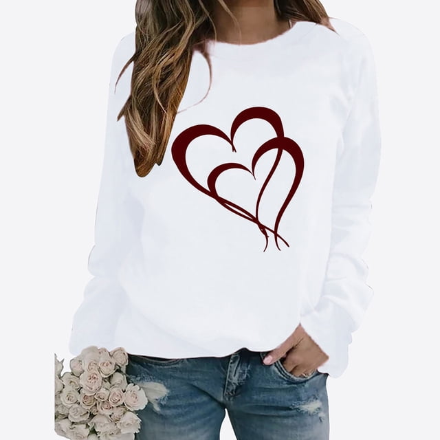 BVOFAR Chandails à Manches Longues de la Saint-Valentin pour Femmes Décontractés Mignons T-Shirts Graphiques Cœur d'Amour Tendance Col Rond Hauts 2025