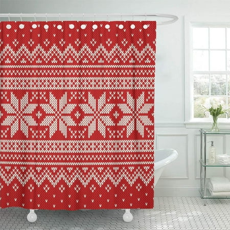 Fair Isle Xmas Jumper CYNLON Red Pattern Christmas Sweater Jumper Fair Isle Knit Fairisle Holiday Bathroom Decor Bath Shower Curtain 66x72 inch ()